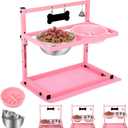 SHAINFUN Pink Elevated Dog Bowl Stand with Two 1700ml Stainless Steel Food Bowls, Slow Feeder and Spill Proof Mat, Adjustable Feeder for Large, Medium and Small Dogs (Large Dogs, Pink-Pink Slow Bowl & Mat)