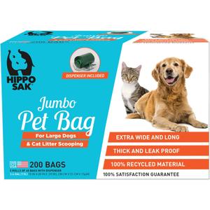 Hippo Sak Extra Large Pet Poop Bags with Dispenser, 200 Count, for Large Dogs and Cat Litter Scooping (200)