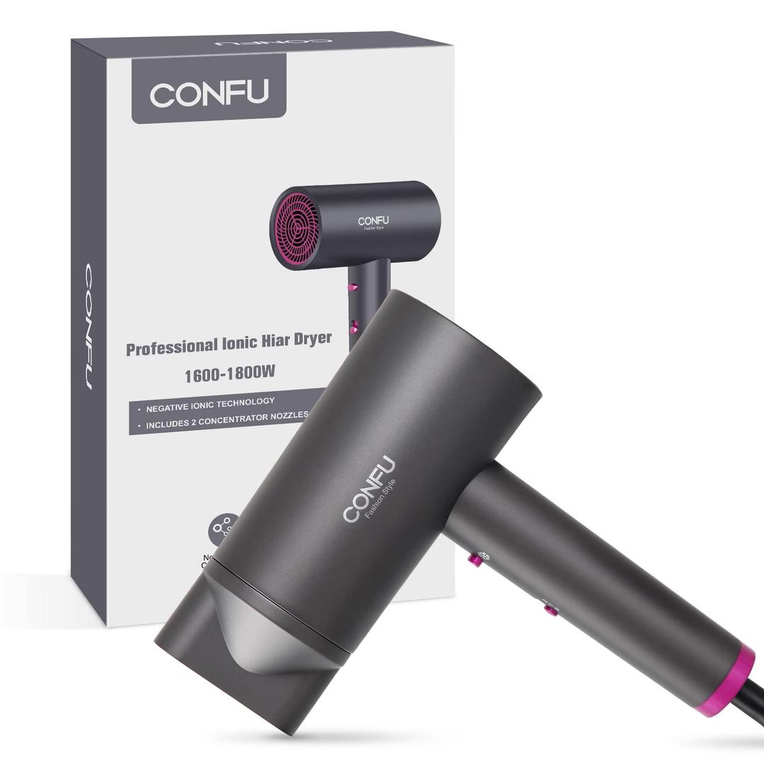 CONFU Hair Dryer Ion Hair Dryer 1800 Watt DC Hair Dryer Small and Lightweight with Styling Nozzle 2 Speed Hot and Cool Air for Home and Travel