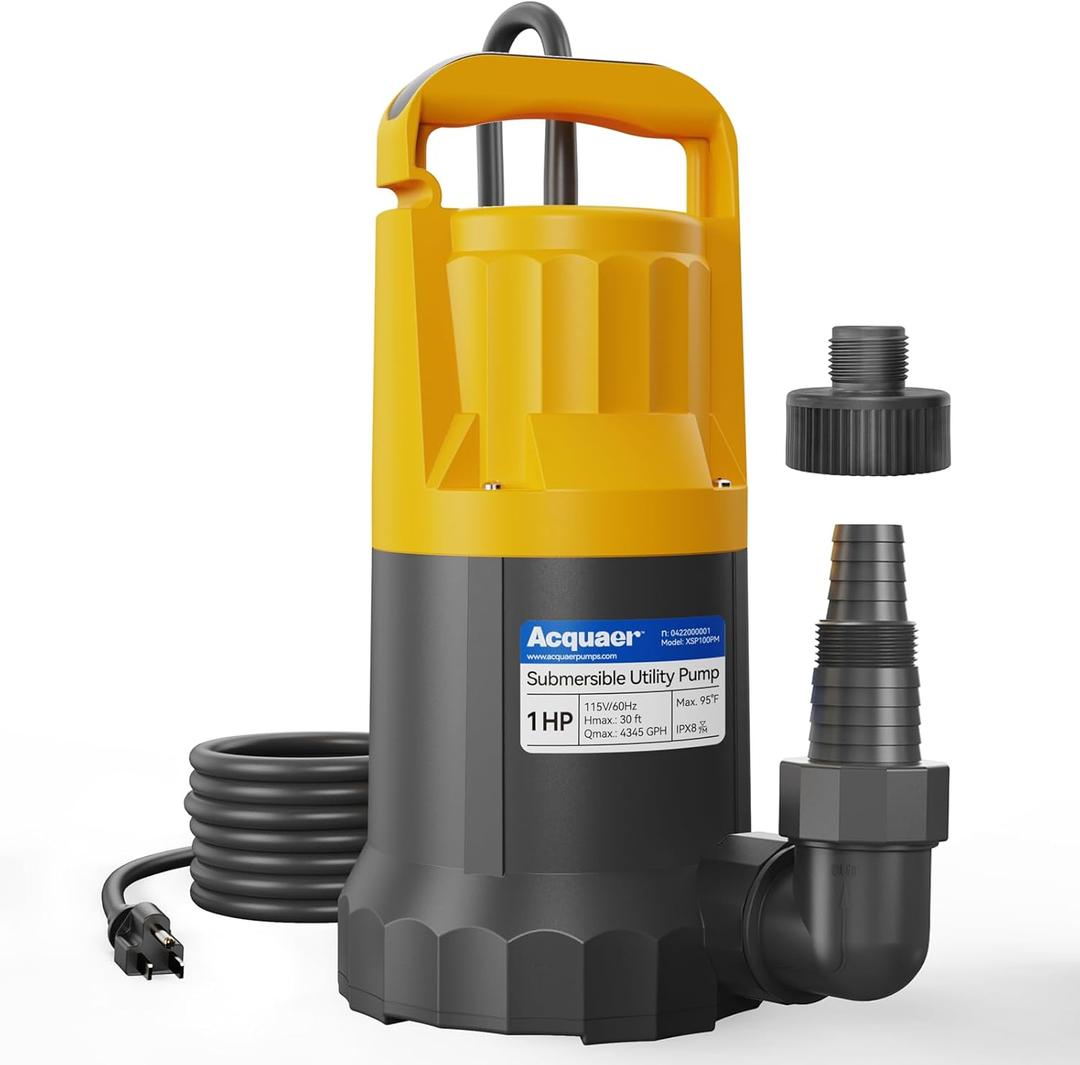 Acquaer Sump Pump Submersible Water Pump for Water Removal in Hot Tubs, Pools,Basements, and Garden Ponds, Yellow, 1HP 4345GPH