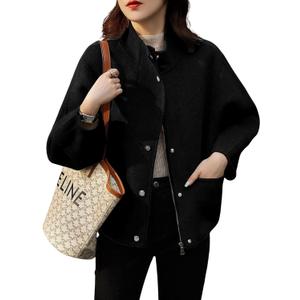 chouyatou Women's Casual Stand Collar Single Breasted Short Wool Pea Coat Overcoat with Pockets (Medium, Black)