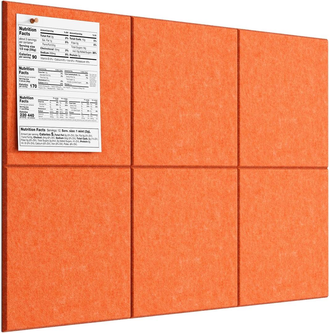 MaxGear Large Cork Board for Wall 36" x 24", Orange Bulletin Board, 6 Pack Felt Wall Tiles with Pushpins, Cork Boards for Office Push Pin Board Tack Board Felt Board