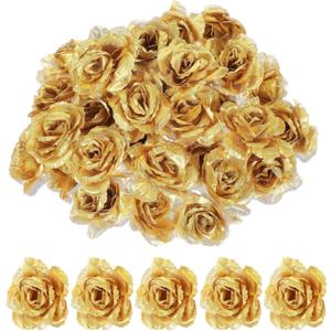 Psyqtsuary Gold Roses Artificial Flowers, 30 Pcs Fake Silk Gold Flowers Real Looking Faux Blossom Rose Flower Head for Wedding Bouquet Party Decor DIY Crafts Floral Arrangements