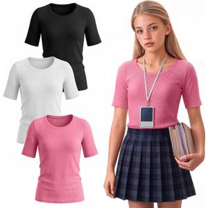 3 Pack Girls Ribbed T-Shirts | Short Sleeve, Crewneck, Slim Fit, Stretchy, Soft, Athletic, Basic Tees, Summer, Kids 5-14 Years