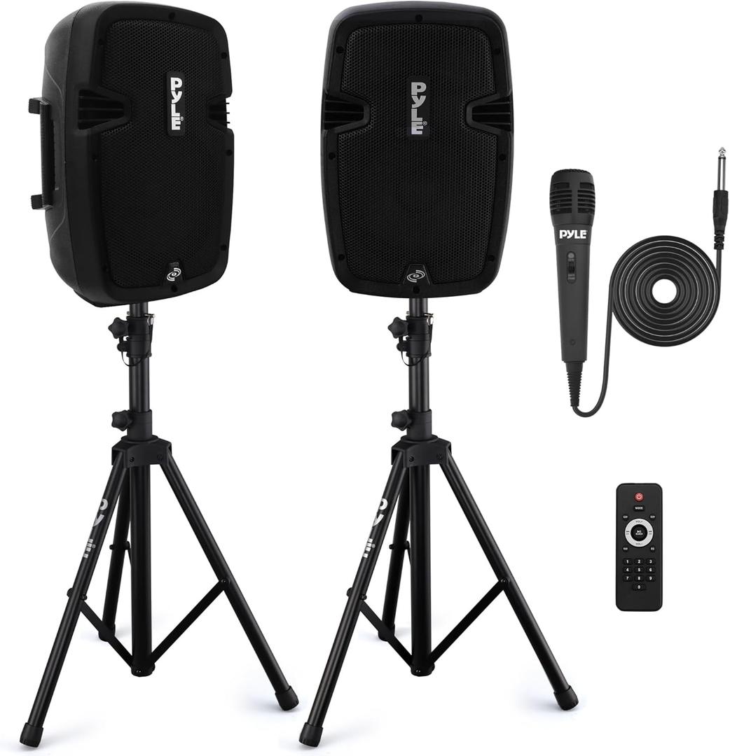 Pyle Powered Bluetooth PA Speaker Kit - Event Ready - Just Plug In and Play Active and Passive 350w Loudspeakers with Wired Microphone, Speaker Stands, Remote - MP3/USB/SD/AUX inputs - PPHP849KT