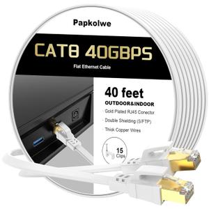 Cat 8 Ethernet Cable 40 ft, Heavy Duty High Speed Cat8 LAN Network Cable, 40Gbps 2000MHz RJ45 Flat Internet Computer Patch Cord, Weatherproof S/FTP UV Resistant for Gaming/Router/Modem,Outdoor&Indoor (White)