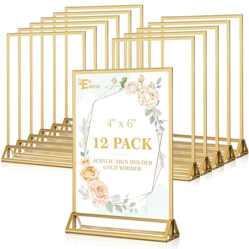 EHWINE 12 Pack Acrylic Sign Holder 4 x 6, Double Sided Gold Picture Frame Stand up Table Top Sign Holders, Clear Display Stand Menu Flyer Holder for Wedding Party