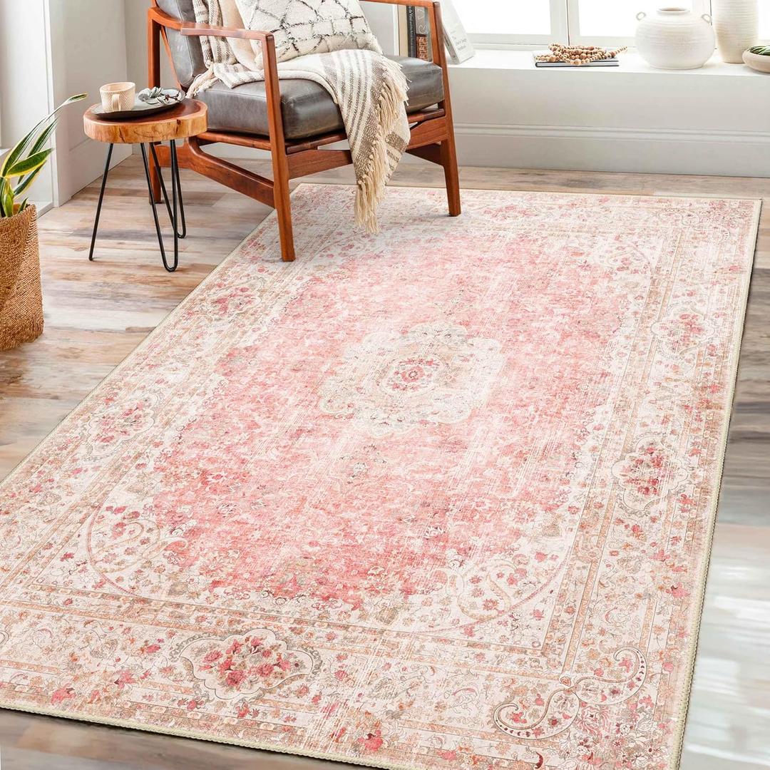 Pink Rug 3x5,Washable Area Rugs for Bedroom Living Room Kitchen Entryway,Small Boho Vintage Bohemian Distressed Non Slip Carpet,Blush