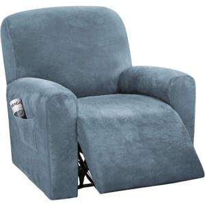 H.VERSAILTEX Velvet Stretch Recliner Couch Covers 4-Pieces Style Recliner Chair Covers Recliner Cover for Reclining Chair Slipcovers Feature Non Slip Form Fitted Thick Soft Washable, Stone Blue