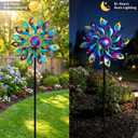 52'' Solar Wind Spinner Outdoor Metal - Kinetic Garden Wind Sculptures with Multi-Color Changing LED Glass Ball, Peacock Tail Design Yard Art Stake Decor for Patio, Lawn, Pathway Decoration