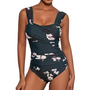One Piece Bathing Suit for Women Tummy Control Swimsuits Square Neck Ruched Modest Swimwear (Large, Floral Green)