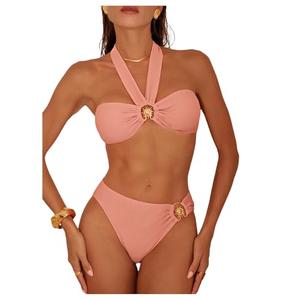 SOLY HUX Women's Halter Bikini Set Ring Linked Bathing Suit Summer Beach Two Piece Swimsuit Pure Pink Large