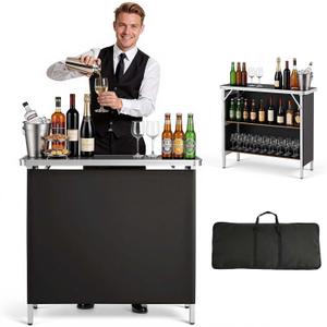 VEVOR Folding Portable Bar Table, 38.6 x 15.2 x 34.3 in, with Carry Bag, Storage Shelf, and Detachable Skirt, Quick and Easy Setup, Foldable Mobile Bartending Station for Events, Party, Tradeshow, 38.6" Length