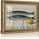 VIYYIEA 13x16 Inch Glass Gold Framed Wall Art, Vintage Sardine Fish Lemon Still Life Oil Painting, Impressionist Canvas Print, Home Decor for Kitchen, Dining Room