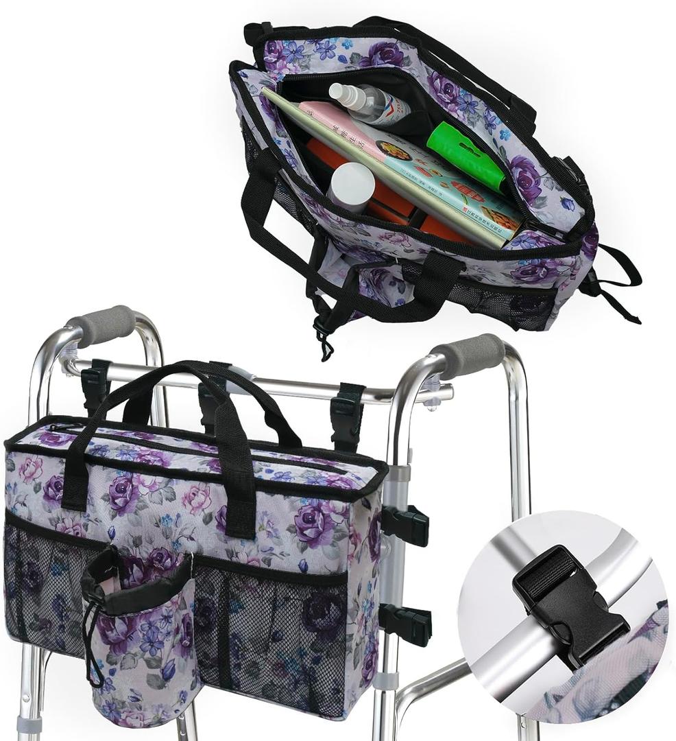Walker Accessories for Folding Walker Seniors with Cup Holder Walker Bag Organizer Pouch Storage Buckle Carry Things (Flower 2)