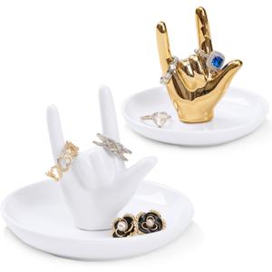 Set of 2 Hand Ring Holder, I Love You Hand Shape Jewelry Dish for Wedding Engagement, Trinket Tray Gifts for Women Her Birthday Christmas Valentines