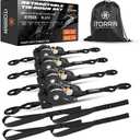 Retractable Ratchet Straps(4 PK)- 1 Inch x 10 Feet (1,650lb Break Strength)-Self Retracting Tie Down Straps for Motorcycle, ATV, Truck, Cargo, Appliance & More -Black + 4 PK Soft Loops