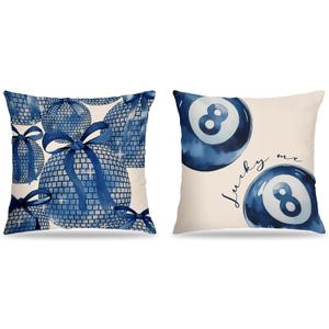 Trendy Blue Coquette Bow Disco Ball Pillow Covers 18x18, Preppy Girly Room Decor, Retro Funky Y2K Lucky 8 Ball Decorative Throw Pillow Covers for Girls Bedroom Dorm Home, Set of 2