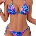 Tainehs Women's Sexy Halter Thong Bikini Tie Two Sides Bottom Triangle Bikini Swimsuits (XX-Large, Pink Flower)