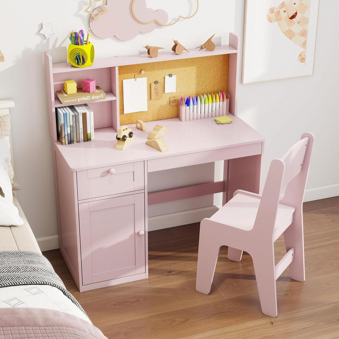 Kids Study Desk with Chair, Children Study Table and Chairs for 5-12 Years Old, Wooden Kids Desk and Chair Set with Hutch and Storage Cabinet for Bedroom, Study Room, Pink