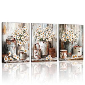 WENGTIAO 3Pcs Rustic Daisy Canvas Wall Art Fall Flower Prints Posters Vintage Country Flora Paintings Pictures Nature Botanical Artwork for Bedroom Living Room Bathroom 20*28