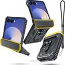 Janmitta Compatible with Samsung Galaxy Z Flip 7 Case+Hinge Protection+Ring Kickstand,Heavy Duty Full Body Phone Cover with Wrist Strap Lanyard,2025 Black