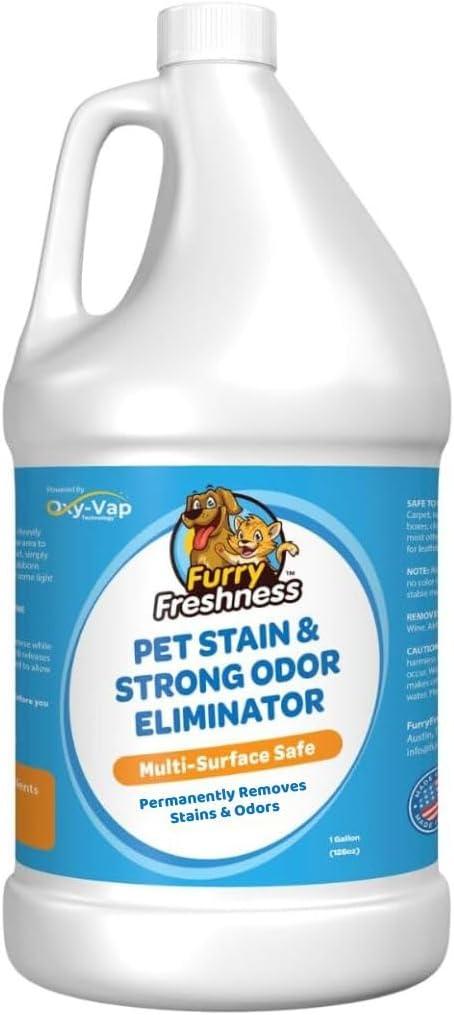 FurryFreshness Pet Stain & Strong Odor Eliminator – Removes Dog & Cat Urine, Vomit, Feces & Other Pet Messes – For Use on Multiple Surfaces – 1 Gallon