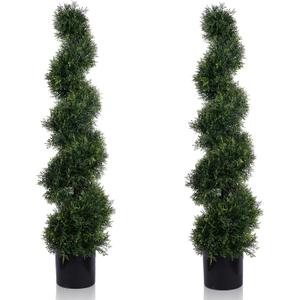 4FT Artificial Spiral Cypress Tree,Topiary Trees Artificial Outdoor-Indoor Outdoor Decor - Plastic Pots - Set of 2