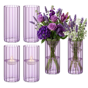 6 Pcs 4 Inch Tall Glass Ribbed Cylinder Vases Clear Floating Candle Flower Vase in Bulk, Hurricane Candle Holder for Wedding Housewarming Gift Table Centerpieces