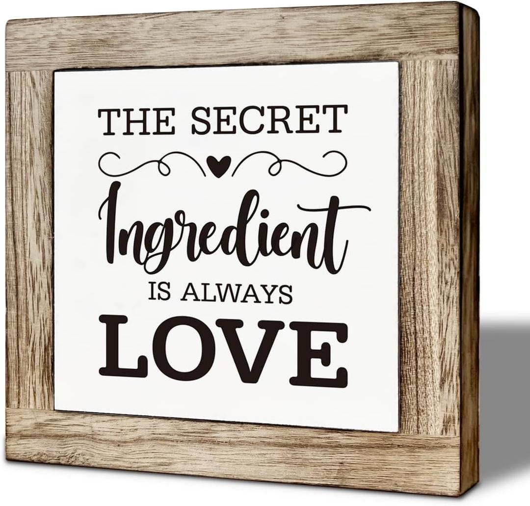 Love Sign for Kitchen Decor, Rustic Shelf Decoration, Farmhouse Home Decor for Kitchen Dining Room, Decorative Wooden Table Sign, Mom Gifts, The Secret Ingredient is Always Love Sign 5.9×5.11 inches