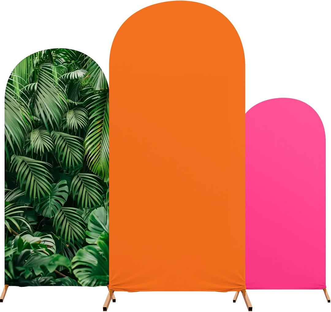 Tingjoo Set of 3 Hawaii Arch Backdrop Cover, 4ft, 5ft, 6ft Tropical Theme Birthday Party Decoration, Spandex Fitted Arch Stand Covers for Summer Beach Birthday Party (Rose Red, Orange,Hawaii)
