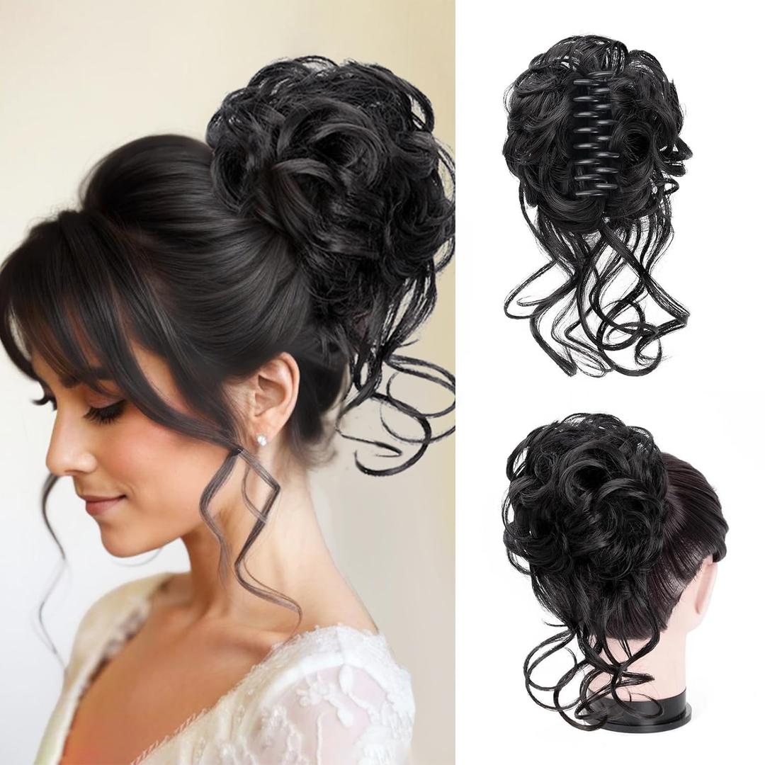 Messy Bun Hair Pieces for Updos Wavy Curly Fake Hair Bun Extensions for Women Synthetic Scrunchies Chignon Hairpieces clip on hair extension for Women Girls (Black)