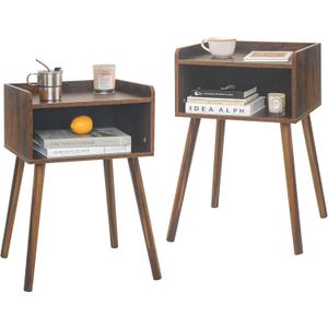 MaxSmeo Night Stand Set 2, Mid Century Modern Side Table Bedroom with Storage, Small End Bedside Table Set of 2 with Solid Wood Legs for Living Room, Office Small Spaces (Rustic Brown)