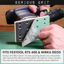 Serious Grit - 3" x 5" (80mm x 133mm) 14-Hole 150 Grit Sanding Sheets - Fits Festool RTS 400 & Mirka Deos 353 - Heavy-Duty Hook & Loop Film Abrasives - Sandpaper for Sheet Sanders - 50 Pack Box