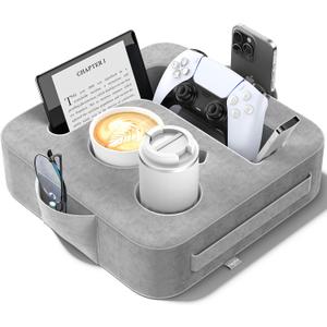 Couch Cup Holder Pillow, Sofa and Bed Caddy for iPad, Kindle, Switch, Game Controller, Remotes, Phones, Small-Sized Cup & Drink Holder for Couch, Bed, Desk, Car, Beach, Bathroom Cup Holder (Ash Gray)