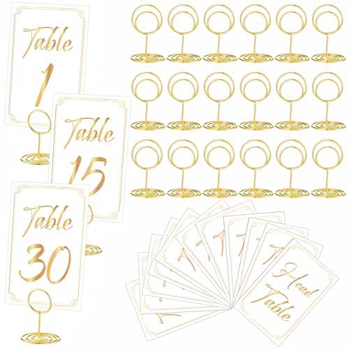 Thenshop 31 Sets Table Number Cards with Holders, 1-30 Numbers Head Table Card 2" Place Holder Stand for Wedding Anniversary Birthday Restaurant(Round,White, Gold)
