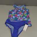 Lands' End Girls' UPF 50+ Swim Bikini Bottom and Racerback Tankini Set (Blue, S)