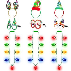9PCS Christmas Party Favors, Light Up Christmas Necklace Headband Glasses Set, Xmas Bulb Necklace Antler Tree Lights Holiday Headbands LED Flashing Glow Santa Eyeglasses Bulk for Christmas Gift