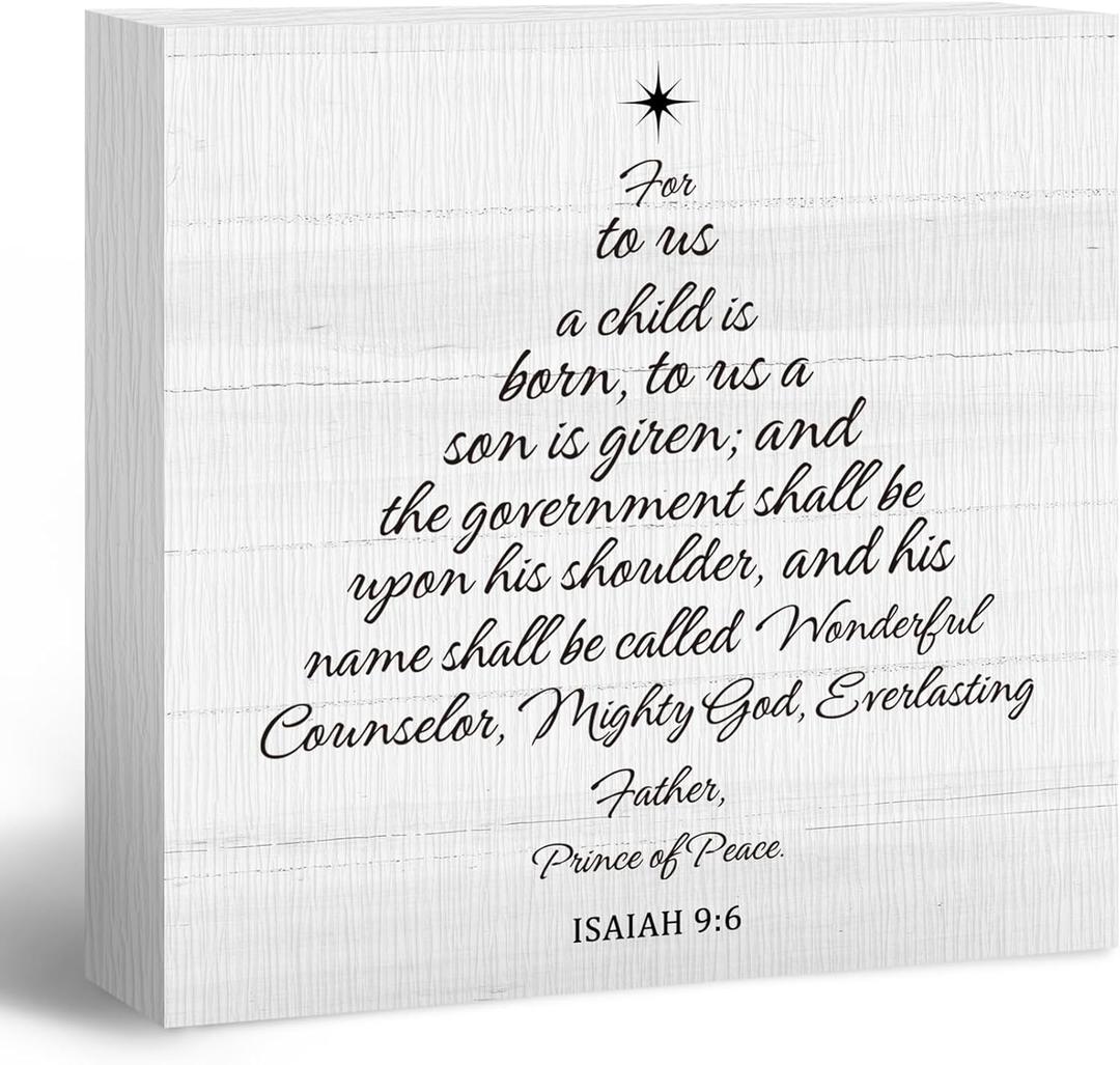 2pc Christian Christmas Wooden Box Sign, Christmas Desk Decor, ChristianIsaiah 9:6 Bible Verse Decor, Christian ChristmaTree Wood Block Box Sign Plaque for Bedroom Office Home Wall Shelf Decoration (white, pink)