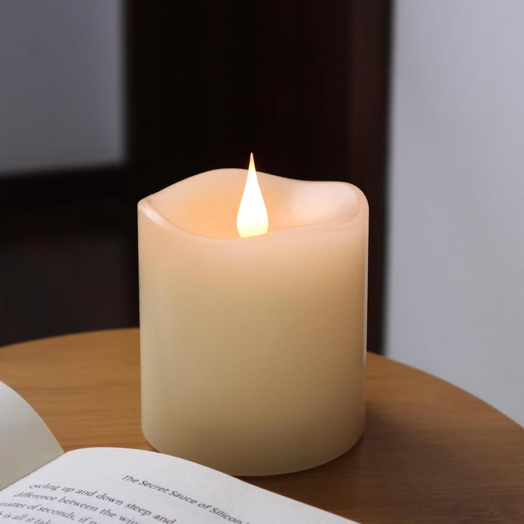 Flameless Candles Battery Operated with Timer, 3D Moving Flame Flickering, Last 600+ Hours Battery Candles, 3" x 3" Ivory Real Wax Electric LED Candle for Wedding Party Decorations