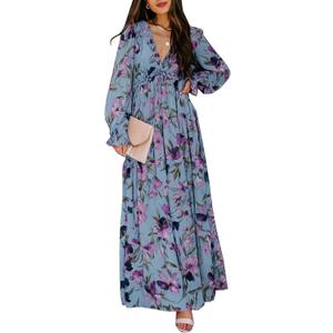 BLENCOT Womens Casual Boho Floral Printed V Neck Long Sleeve Long Maxi Dress Spring Summer Dresses (Blue, L)