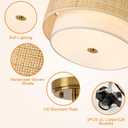 Semi Flush Mount Ceiling Light, 16" Gold Light Fixtures Ceiling Mount, 3-Light Boho Rattan Linen Drum Light Fixture, Modern Farmhouse Chandelier for Bedroom Entryway Living Room Hallway Foyer