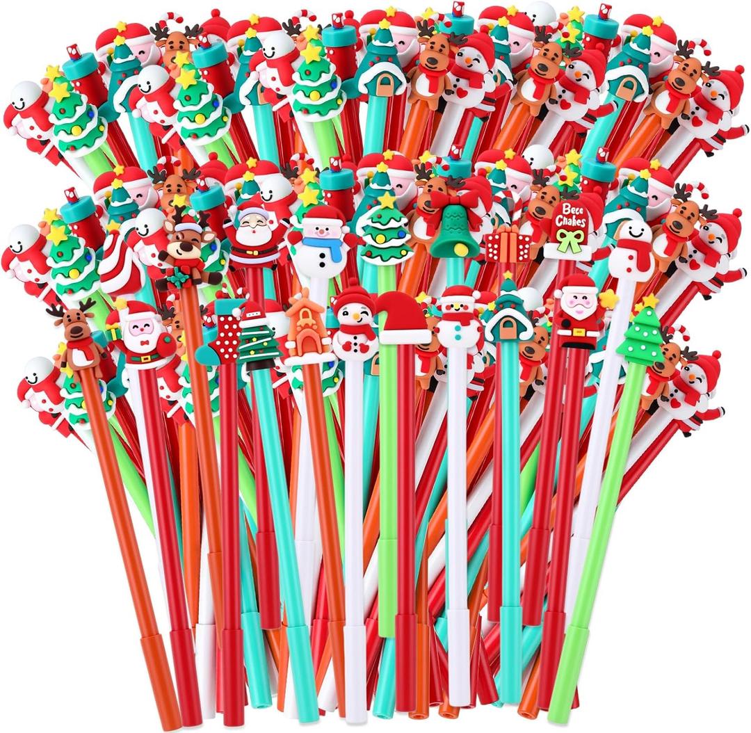 Fainne 200 Pcs Christmas Gel Ink Pen Bulk, Novelty Series Rollerball Pens Black Gel Ink Tree Snowman Reindeer Santa Claus Shape Pen for Christmas Party Supplies