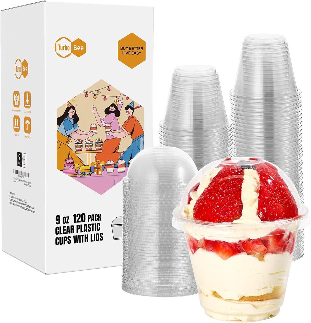Turbo Bee 120 Pack 9 OZ Clear Plastic Cups with Dome Lids, Disposable Dessert Cups with Lids for Fruit, Snack Smoothie, Pudding and Ice Cream (No Hole)