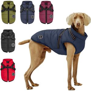 Warm Dog Winter Coat, Dog Cold Weather Jacket with Built-in Harness, Reflective & Adjustable Comfortable Pet Vest, Windproof Apparel for Large Dogs (Navy) (Blue)