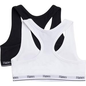 Hanes Girls' Cotton Racerback Sports Bra 2Pack, Black/White, Large