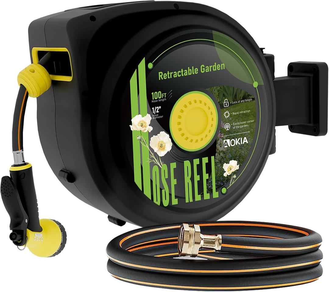 Aokia Retractable Garden Hose Reel, 1/2 in x 100 ft Wall Mounted Heavy Duty Garden Hose Reel with 9 Patterns Nozzle, Any Length Lock, Auto Return System and 180Swivel Bracket