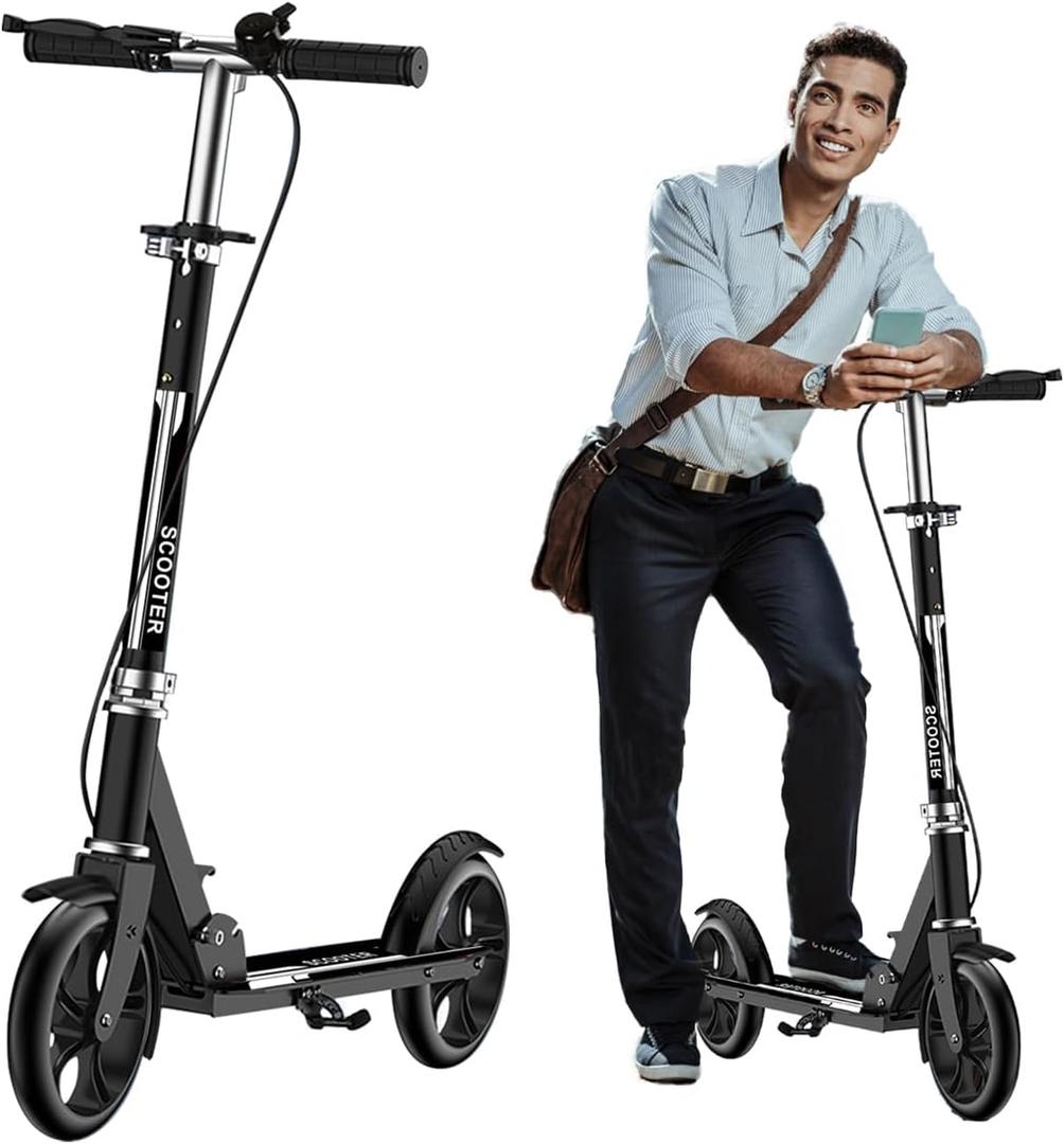 Scooters for Kids 8-12, Teens & Adults - Foldable Commuter Scooter with Bell, Hand Brake & Adjustable Height, 220 LB Weight Capacity, Perfect for School, Campus, Park Rides (Black)