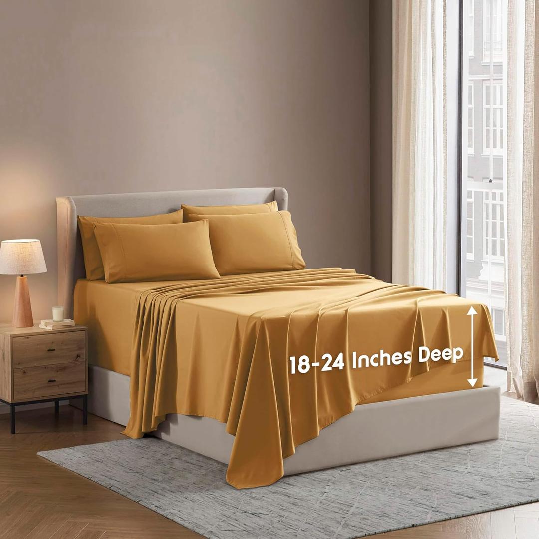 Nestl Extra Deep King Sheet Set - 6 Piece Breathable & Cooling Sheets - Hotel Luxury Bedding Set w/18-24 Inch Deep Pockets - Easy & Secure Fit - Super Soft, Wrinkle Free & Comfy - Camel Gold