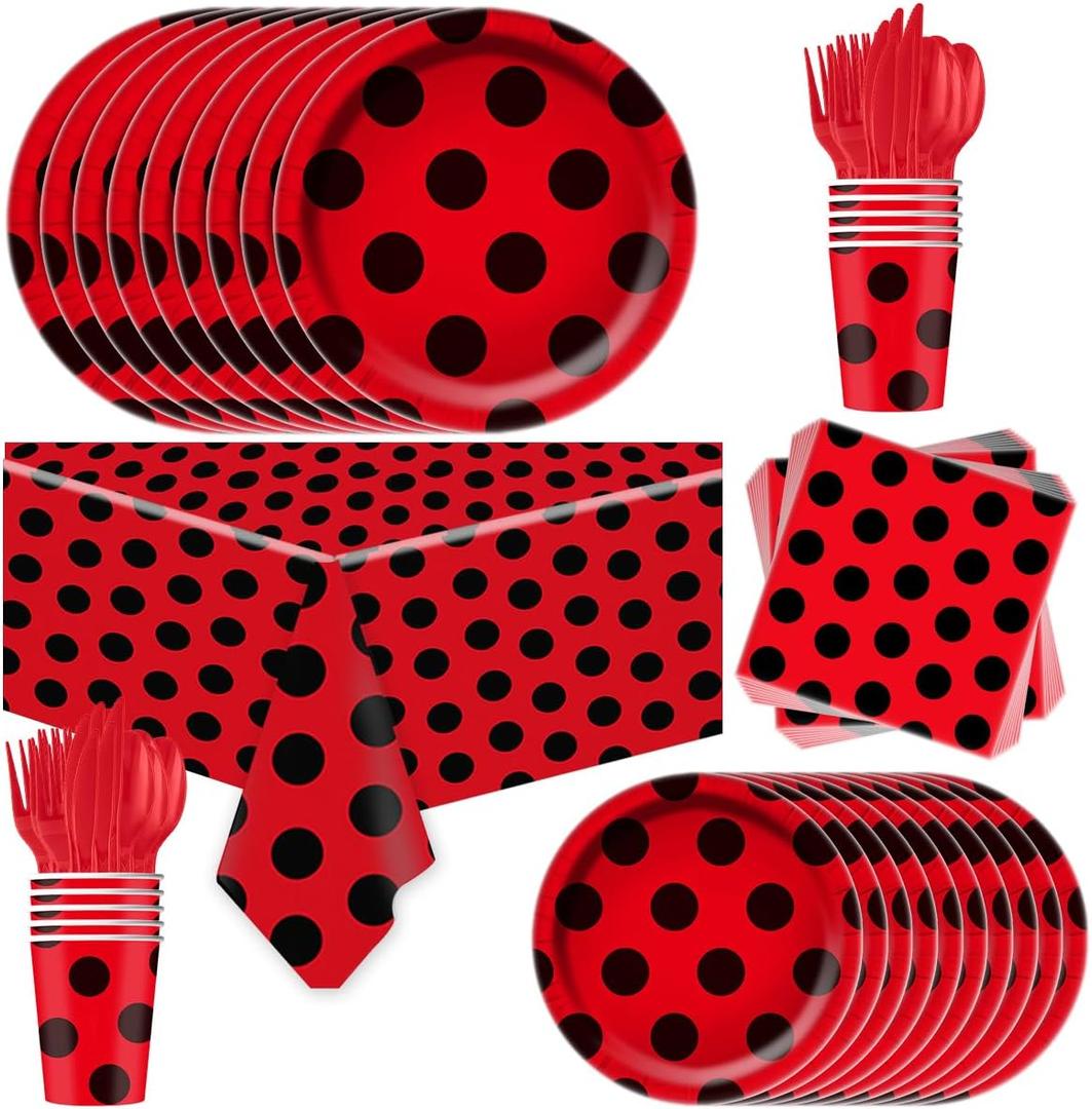 81Pcs Ladybug Party Tableware Set Ladybug Birthday Party Supplies,Paper Plates,Napkins,Cup,knives,Spoons and Forks